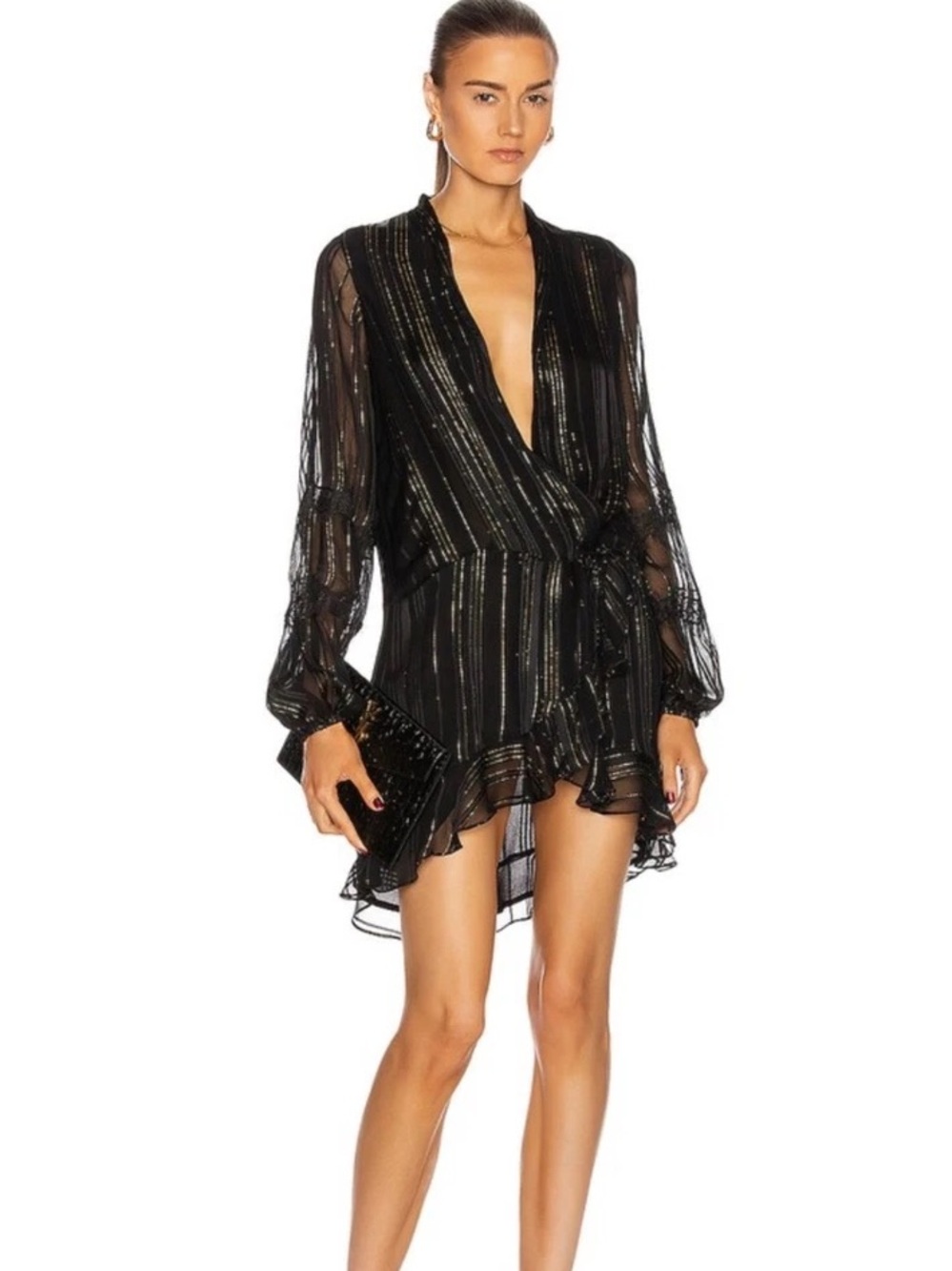 Rococo Sand x REVOLVE Black gold Metallic Stripe Wrap Mini Dress with tie waist